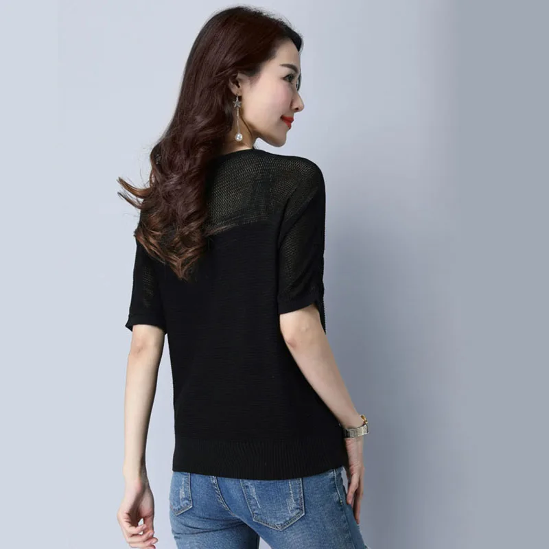 

Summer Short Sleeve Women Knitted Pullover Sweater Top Female Thin Shirt Female O-Neck Hollow Out Pull Jumper Femme Pullovers