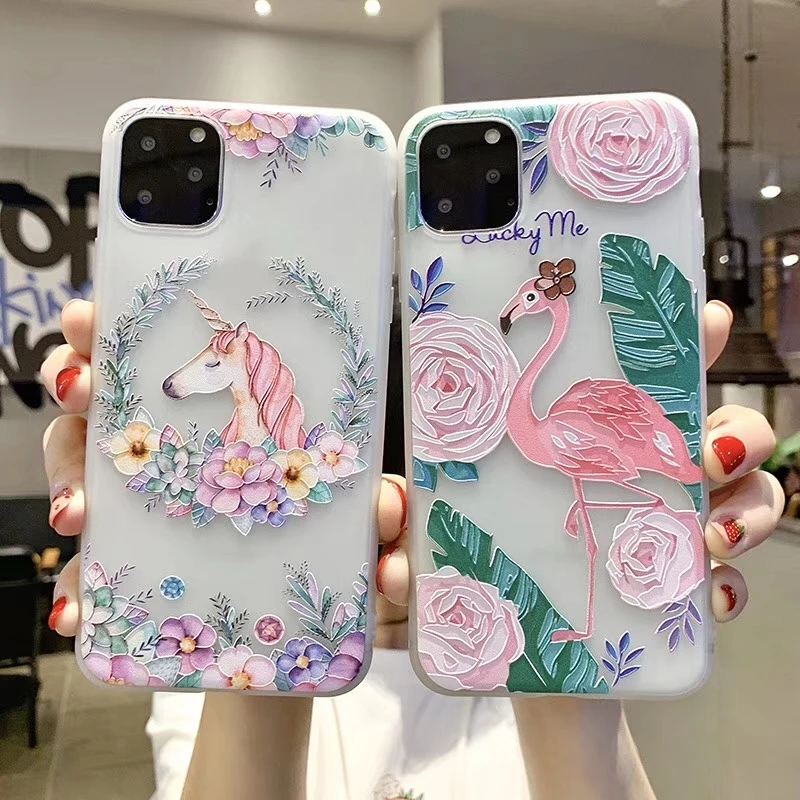 3D Embossed Phone Case for IPhone 11 Pro Cover Unicorn Flamingo Soft Silicone Back 7 8 Plus XS XR MAX Coque |
