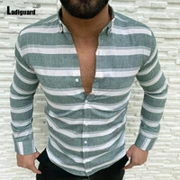 ladiguard plus size men fashion shirt long sleeve casual blouses 2021 single breasted top streetwear model stripes blusas shirts