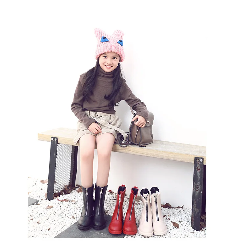 Autumn Winter Kids PU Leather Knee-High Shoes Warm Zipper White Boots Fur Ball Girls Middle Calf Boots