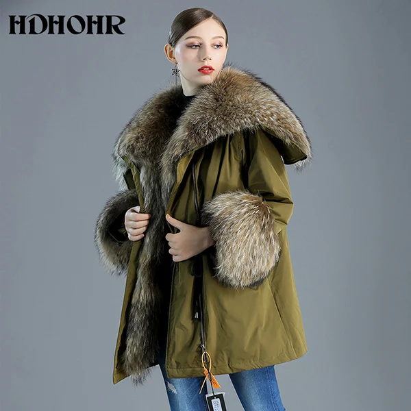 HDHOHR новые шубы из натурального меха женские шубы из натурального Лисьего меха пуховики Parker для отдыха теплые зимние куртки из лисьего меха - Цвет: Армейский зеленый