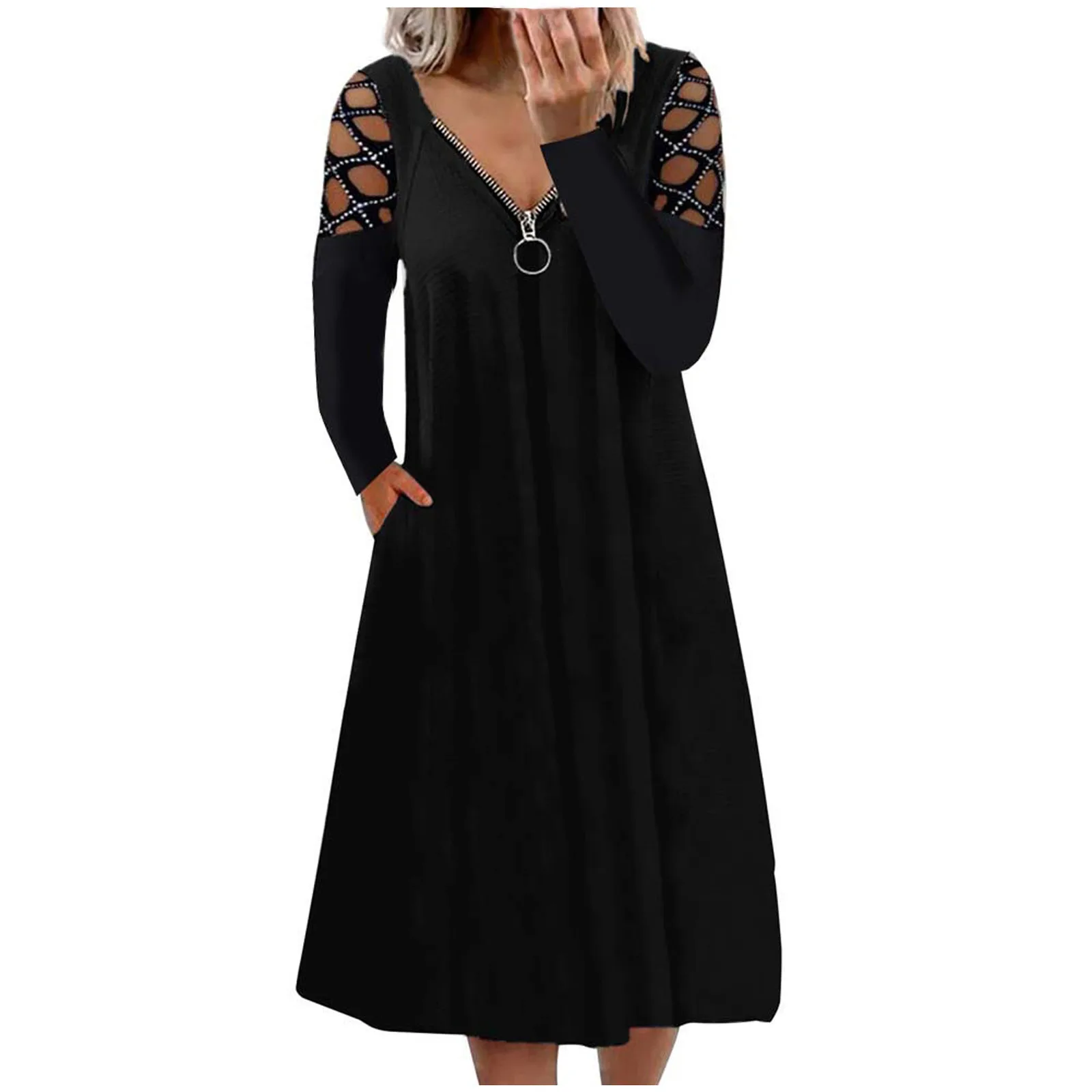 

Fashion Women's Sexy V-neck Solid Color Hollow Long Sleeve Midi Dresses Hot Rhinestone Casual Dress Ropa Mujer Robe Femme Платье