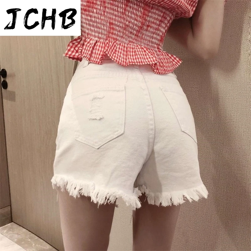 

2021 Shorts High-waisted Breasted Edging Denim Shorts Female Summer New Vintage Slim Fit with Hole Sexy Shorts Women Hot Selling