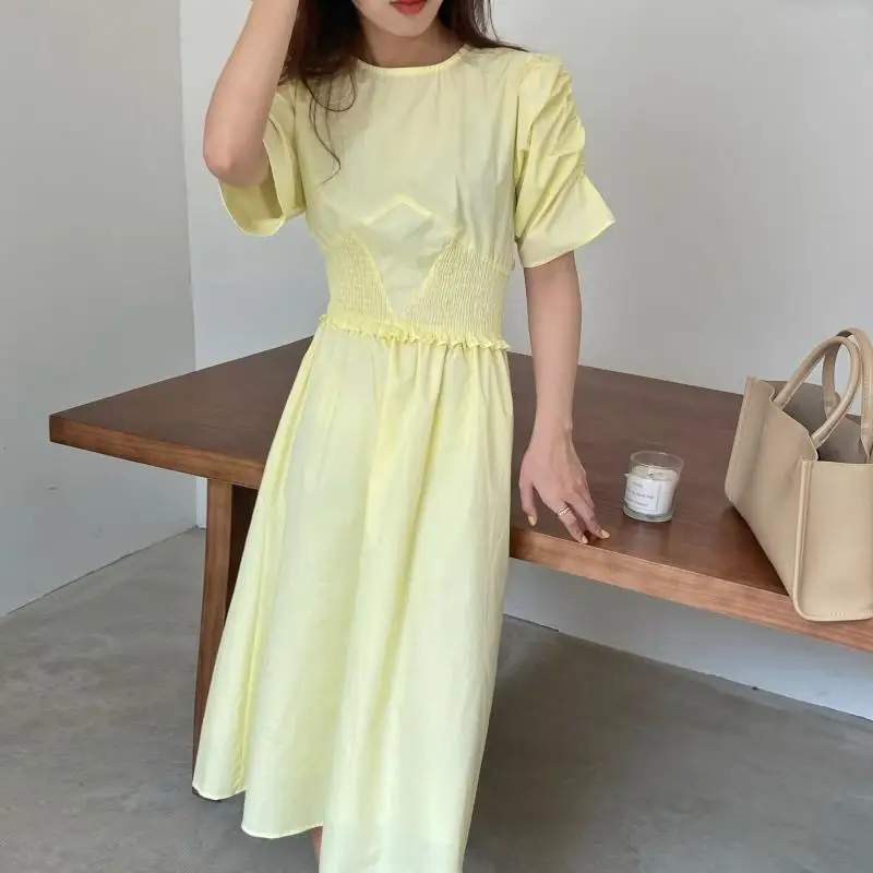 

Alien Kitty 2021 Summer Dresses Gentle Retro Solid O-Neck Elegant Vintage Party Sweet Office Lady Pleated Loose Women Chic Long