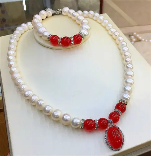 

7-8 MM white freshwater Pearl red jade necklace bracelet set