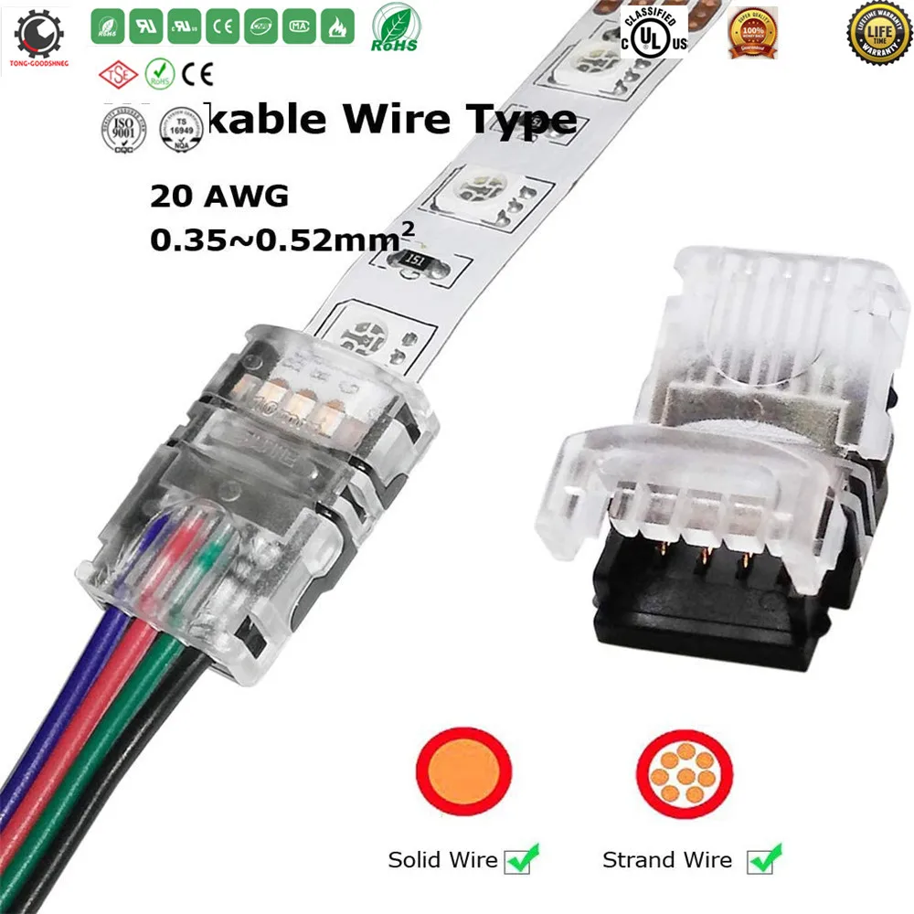 Купи RGB LED Connector for 4Pin 5050 Non-Waterproof LED Strip Lights- Strip to Wire Quick Connection, 20 18 AWG Wire No Stripping за 77 рублей в магазине AliExpress