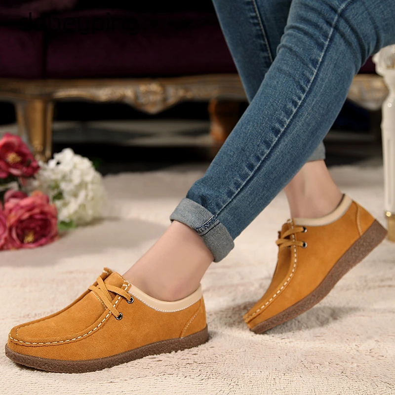 New Spring Autumn Casual Shoes Woman Cow Suede Leather Women Shoes Lace-Up Women's Loafers Moccasins Flats Soft Female Sneakers