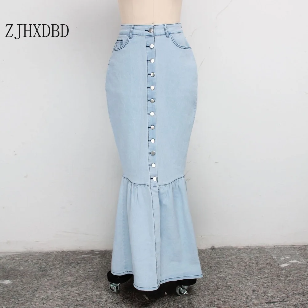 2021 женская синяя джинсовая Макси юбка на пуговицах Женская Осенняя с карманами и