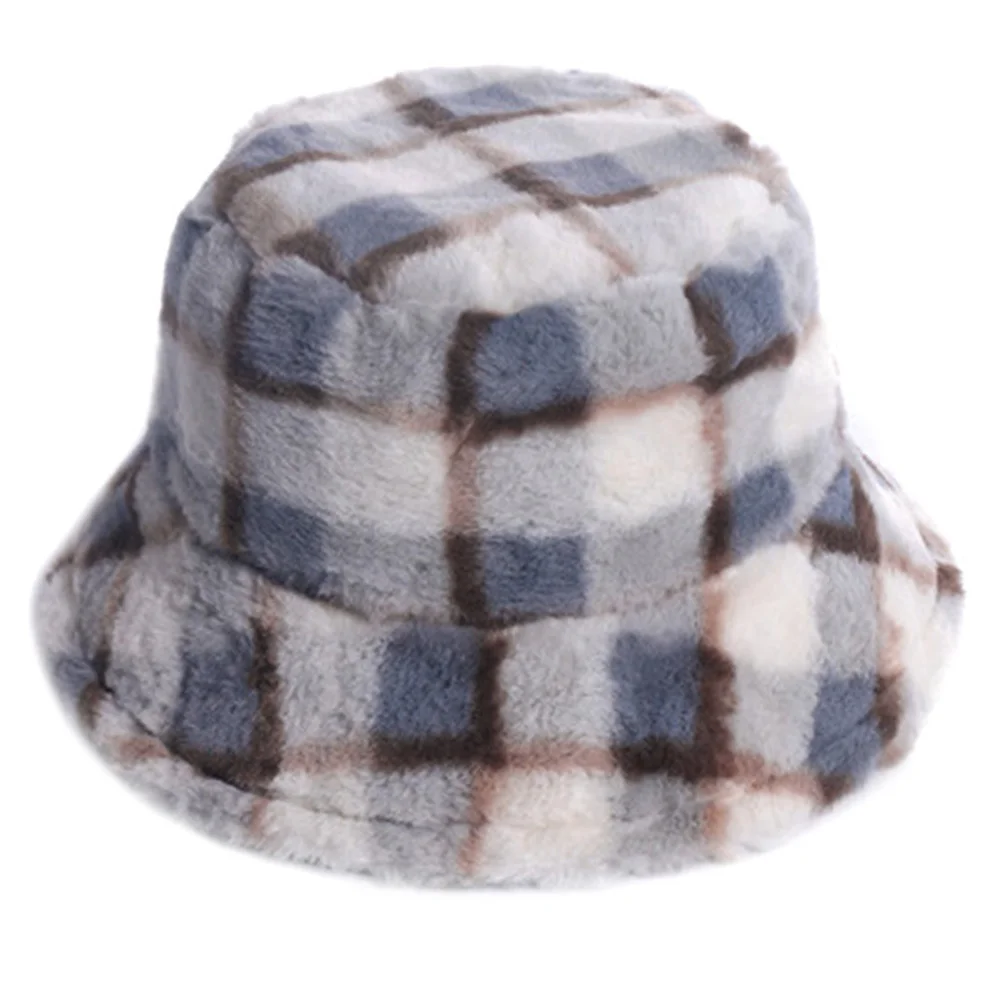 

1pc Plaid Winter Bucket Hat Warm Plush Fisherman Windproof Hat