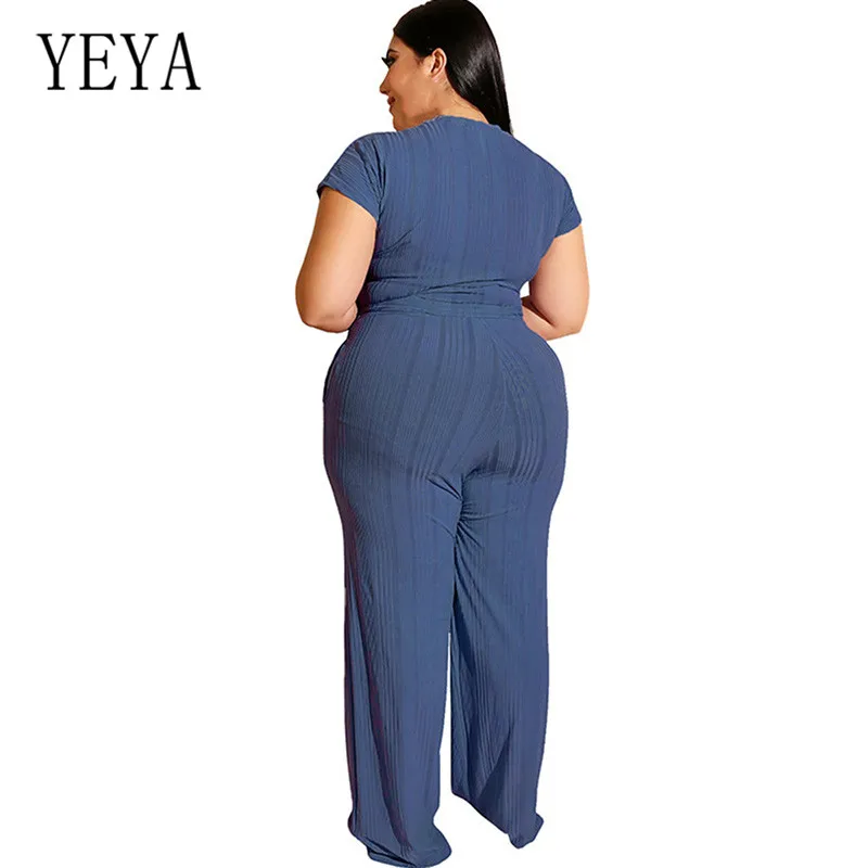 YEYA большой Размеры 4XL 5XL Винтаж широкий комбинезон с длинными рукавами комплекты из двух предметов комбинезон с коротким рукавом Для женщин костюмы «плюс сайз» Повседневное комбинезоны