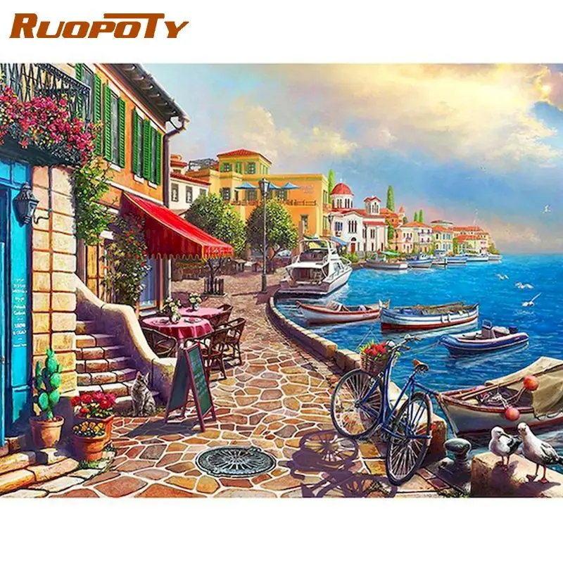 

RUOPOTY Seaside Village Landscape Oil Painting By Numbers For Adults HandPainted Unique Diy Gift Home Living Room Wall Decor Art