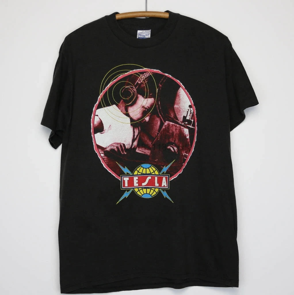 Винтажная Футболка Tesla Shirt 1989 большая разногласия по радио. США размер BOH|Мужские