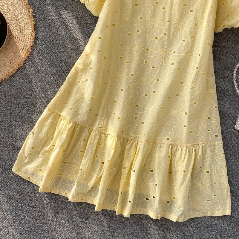 

Women Summer Hollow Dress Casual Loose Puff Sleeve Ruffles Office Dress Korean A-line Solid Streetwear Short Dress 2020