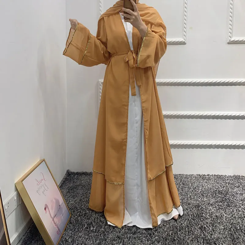 

Eid Dubai Open Abaya Dress Kimono for Women Solid Color Summer Fashion Belted Layered Kaftan Cardigan Hijab Robe Islam Turkey