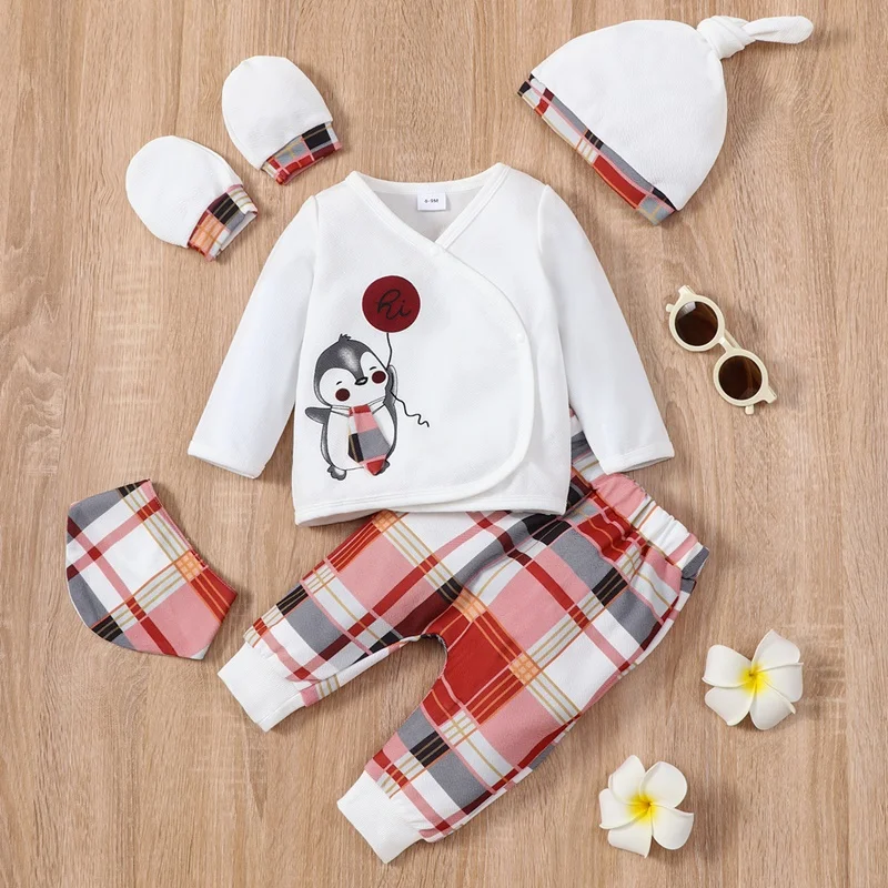 

Newborn Baby Clothes Spring Fall 5 Pcs Sets Cartoon Long Sleeve Tops+plaid Trousers+hat+Gloves+bib Baby Boy Girls Outfits 0-24M