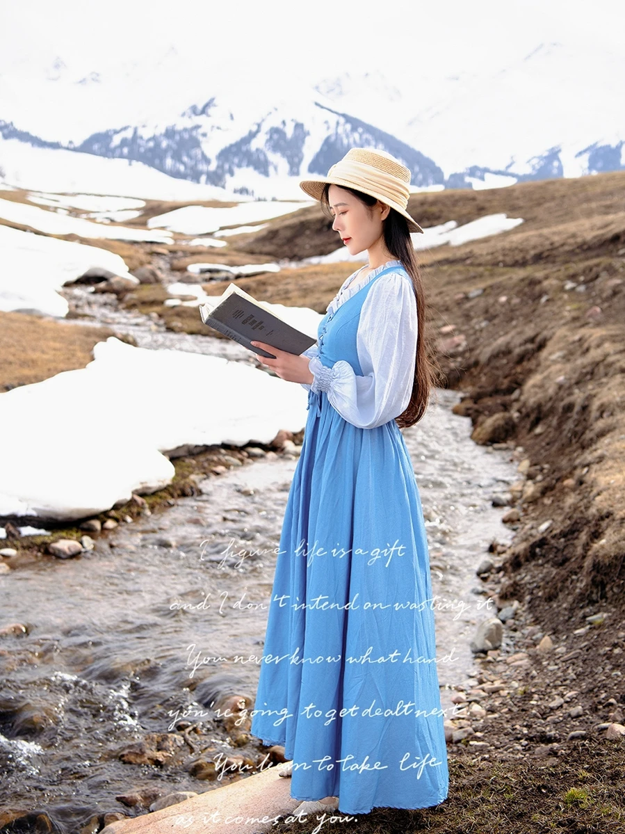 TIYIHAILEY-Женское Хлопковое платье-макси фонарь с длинным рукавом V-образным вырезом