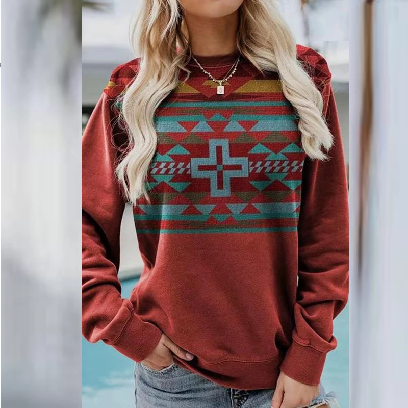 

Женский пуловер с длинным рукавом, круглым вырезом и принтом