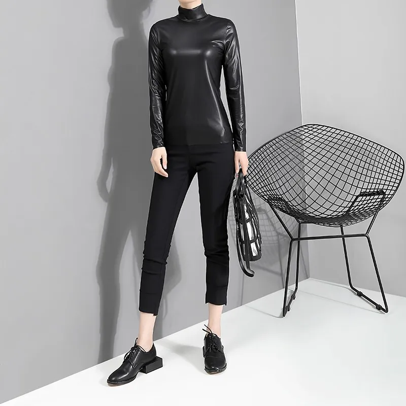 

Women New Fashion Pu Leather T-shirt Turtleneck Long Sleeve Slim Fit Tops Ladies Designer Spring Autumn Faux Leather Tees Tops