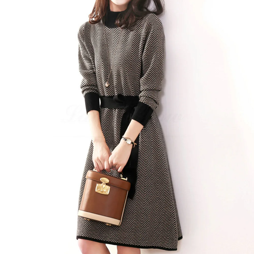 

Long Sleeve Switching Midi Belt Women Knit Sweater Dressing Ladies Fashion Pullover OL Commuting Ellegant Casual Scheme Dress