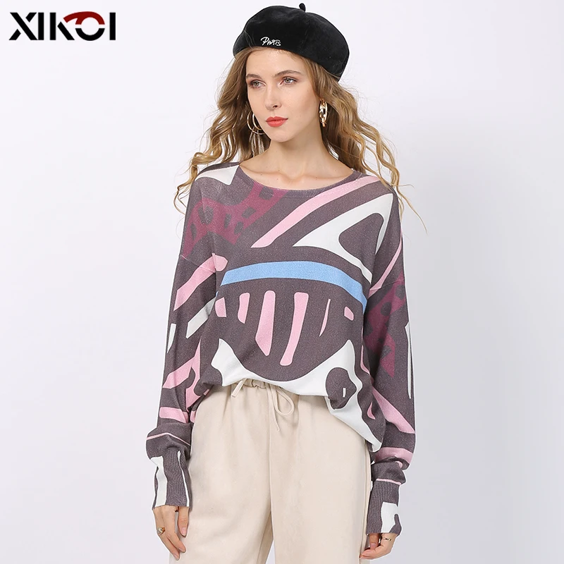 Новинка Свитера XIKOI с ретро-принтом для женщин зимние теплые пуловеры длинным
