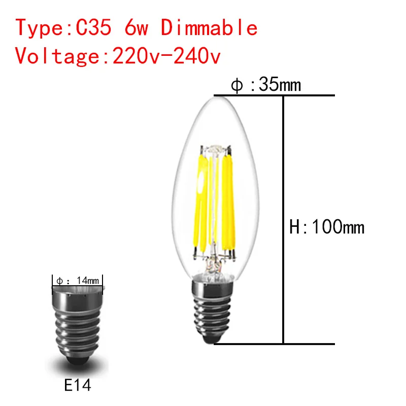 6W Dimmable Светодиодный светильник лампочка e14 C35 типа «Свеча»), 2 Вт, 4 Вт, 6 Вт лампочка-свечка с регулируемой яркостью умный дом декоративная люстра 220v Светодиодная лампа - Испускаемый цвет: 6W Dimmable