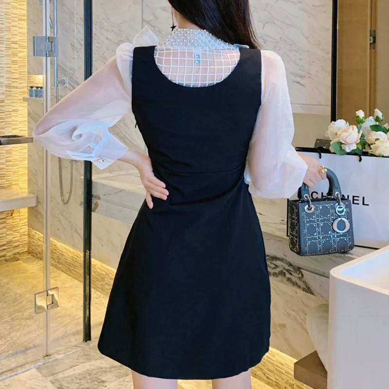 

2021 New Spring Autumn Diamond Button White Dress Woman Elegant Long Puff Sleeve Ruffles Short Vestidos Street Wear Dress Female