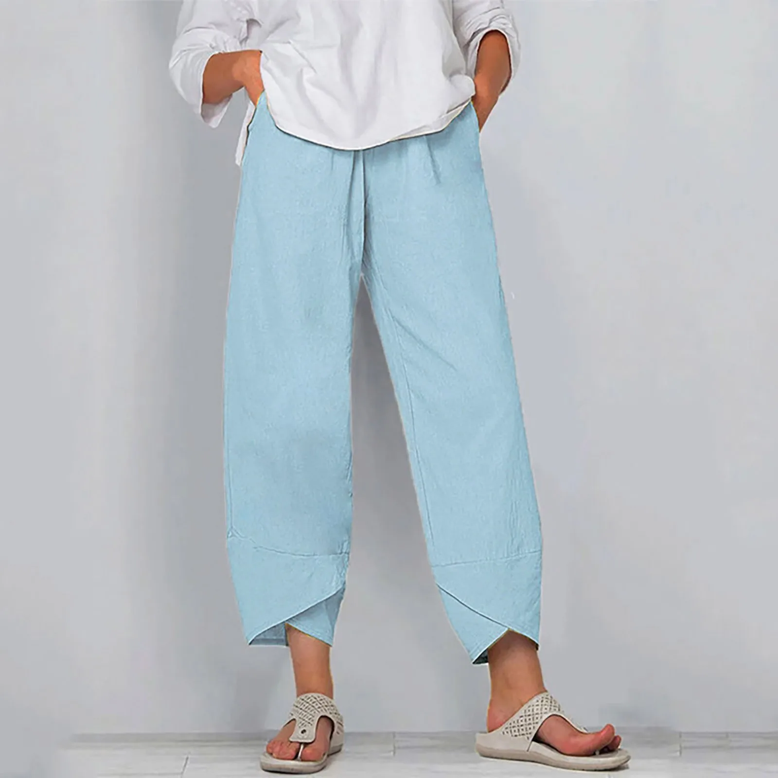 

Summer ladies linen high waist casual pants Women Pants Casual High Waist Solid Summer Cotton Loose Long Straight Pants