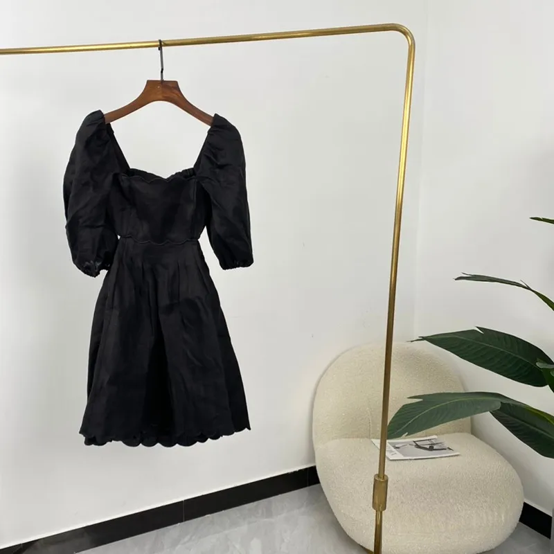 

Женское мини-платье с коротким пышным рукавом, винтажное черное ТРАПЕЦИЕВИДНОЕ ПЛАТЬЕ с квадратным вырезом и волнистыми краями, 2021