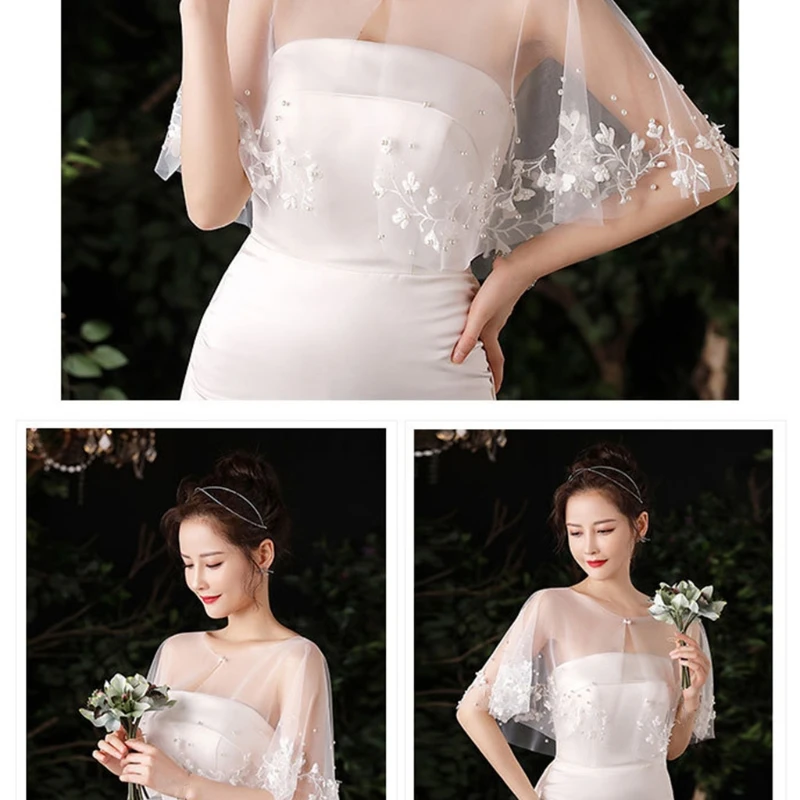 

X7YC Floral Applique Shawl Wrap Shrug Pearls Lace Bridal Cape Wedding Buckle Bolero