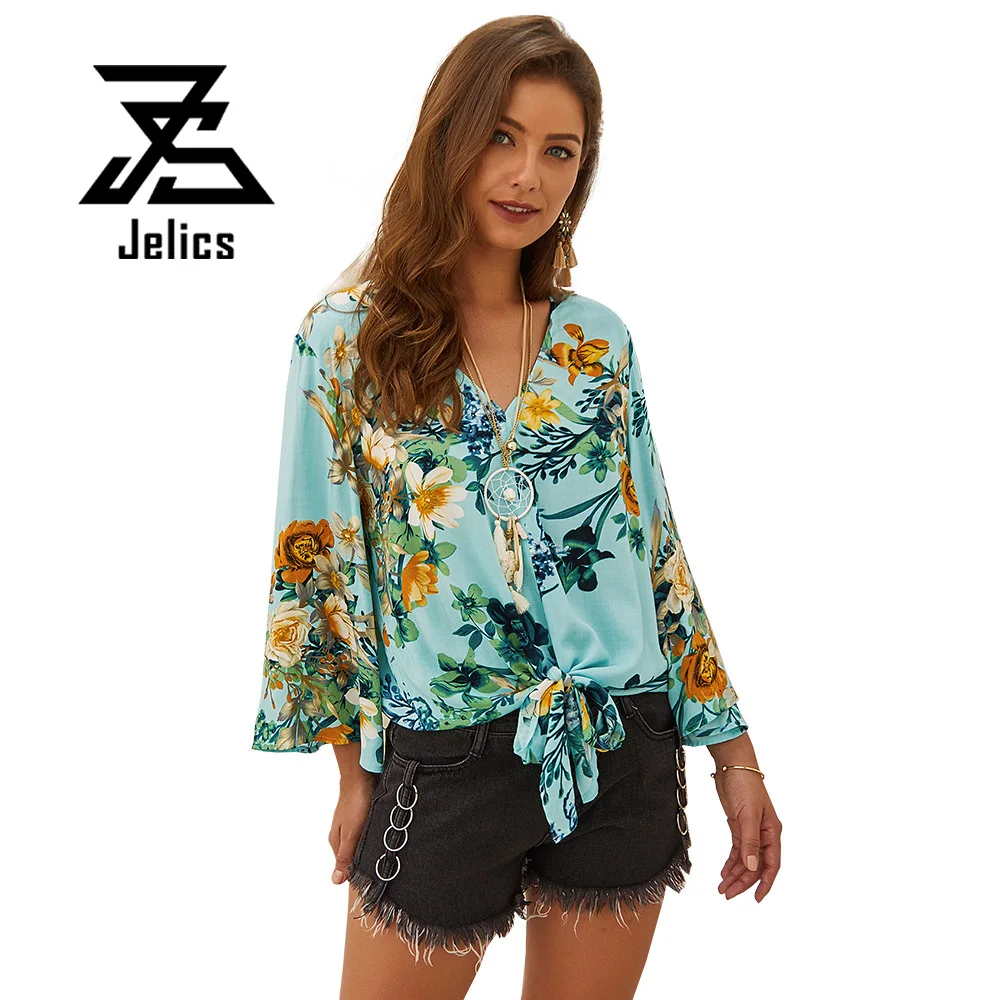 

Jelics Fashion Floral Print Spring Autumn V-neck Blouse Female Nine Quarter Sleeve Flare Sleeve OL Shirt Tops