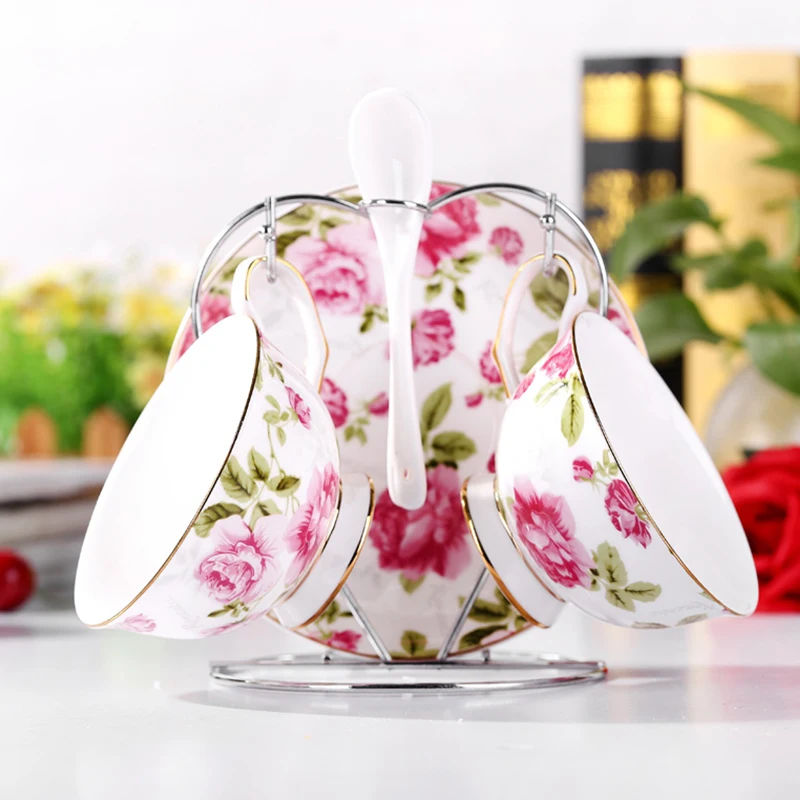 

Turkish Porcelain Coffee Cups Luxury Flower Royal Bone China Tea Cups Saucer Gold Rim Tazzine Caffe Creative Crockery AC50CK