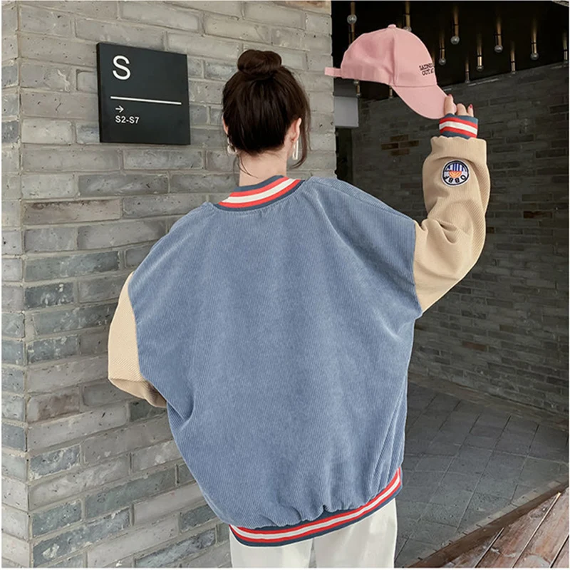 

Japanese Sweet Harajuku Loose Women Baseball Uniform Jacket Autumn Winter Corduroy Fashion Splicing Long Sleeve Epaulettes Tops