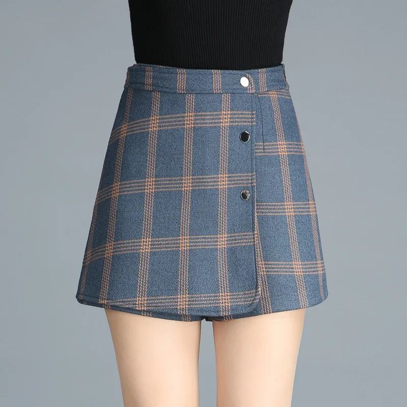 

Women Korean Fashion Sexy Slim High Waist A-Line Mini Check Skirts 2021 Autumn Winter Female New Plaid Woolen Skirt Office Lady