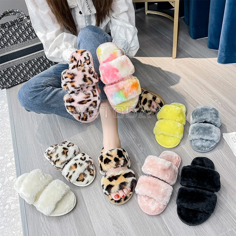 

Fluffy Women Furry Slippers Winter Faux Fur Warm Shoes Woman Double Strap Flat Cozy Home Fuzzy Slippers Female Plush House Shoes