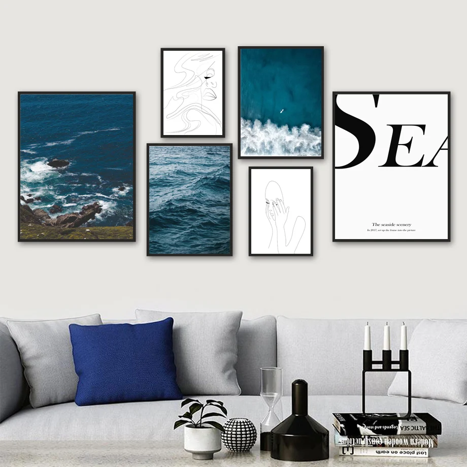

Sea Beach Wave Reef Boat Line Girl Quote Wall Art Canvas Painting Nordic Posters And Prints Wall Pictures For Living Room Decor