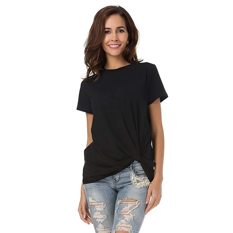

New women's round neck short sleeve top solid color knot women's T-shirt