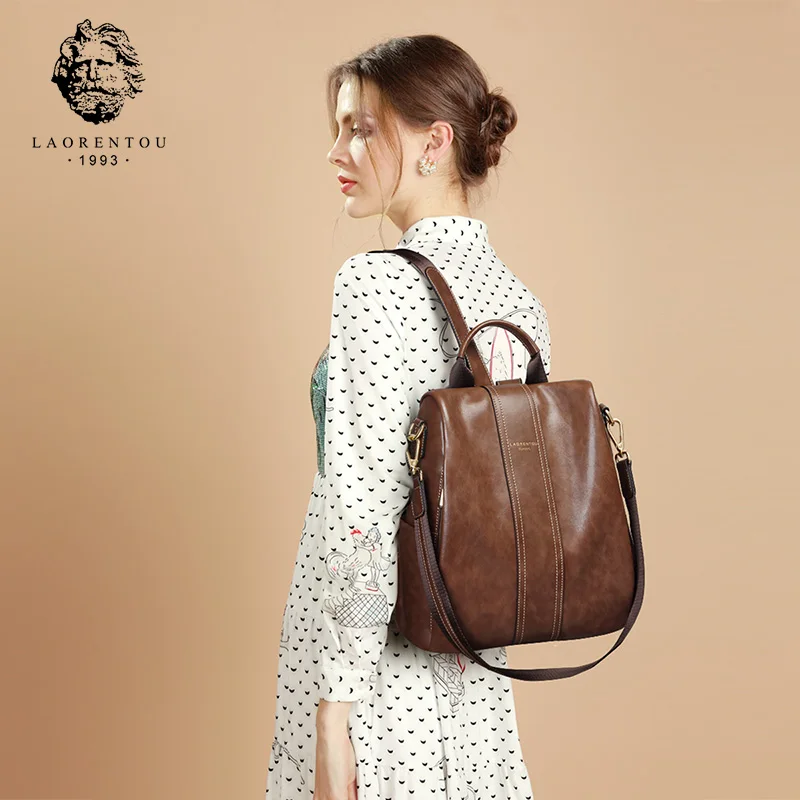 Женский винтажный рюкзак LAORENTOU мягкий школьный из натуральной кожи в стиле ретро
