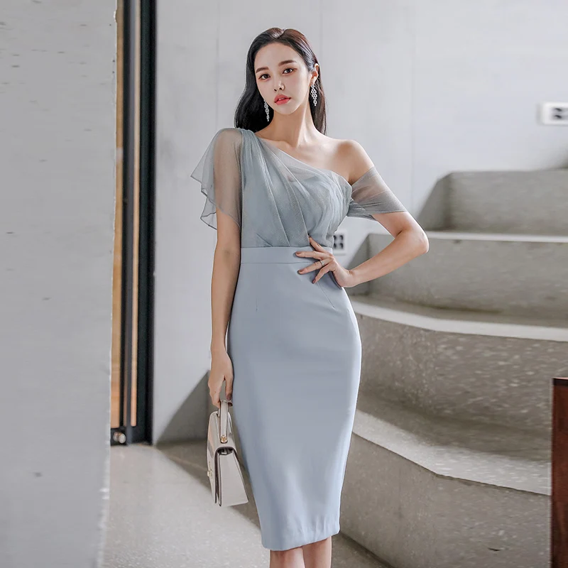 

Korea Slim Women's Knee-Length Sexy Dress One-Shoulder Diagonal Collar Mesh Midi Pencil Bodycon Party Cloth
