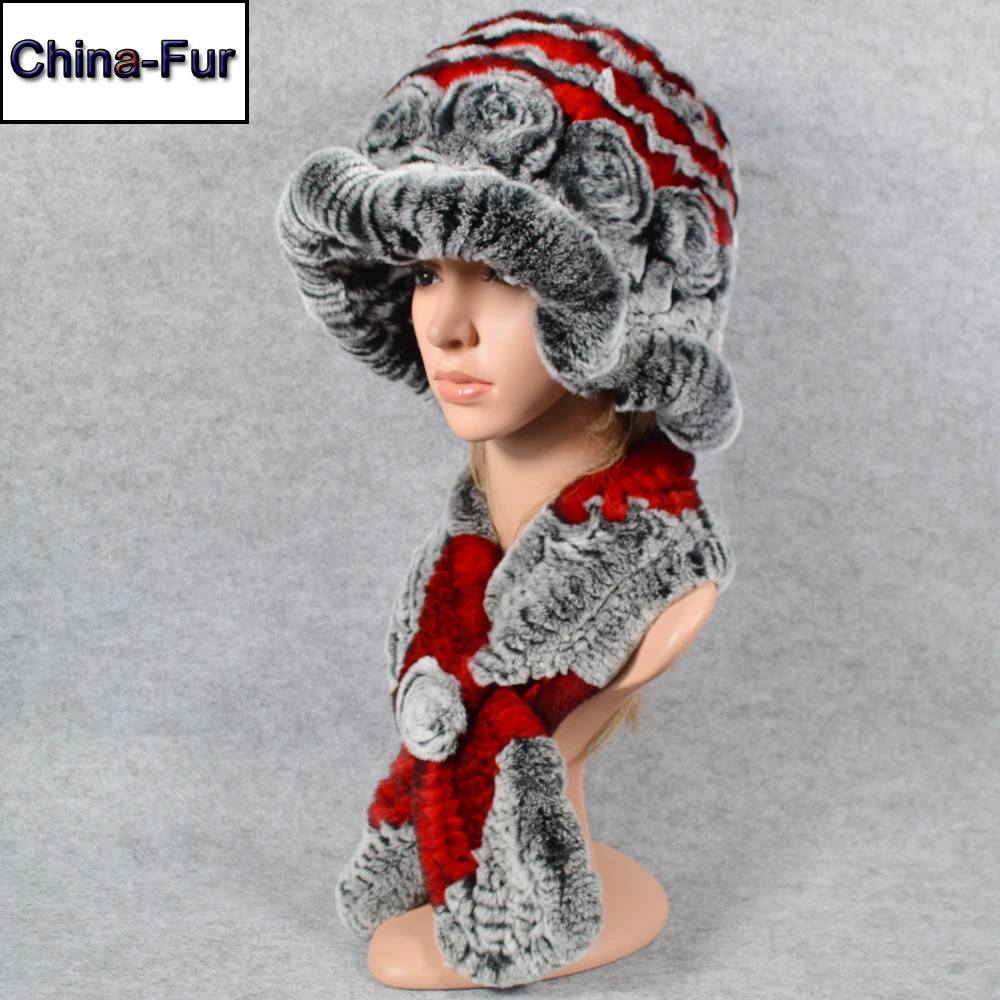 Лидер продаж зимние Новый стиль Вязаный Настоящий мех кролика шапка и шарф