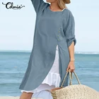 Женское льняное модное платье Celmia 2021 года, повседневные Асимметричные Длинные Топы с оборками, пикантное свободное платье на пуговицах с длинным рукавом и разрезом, 5XL 7