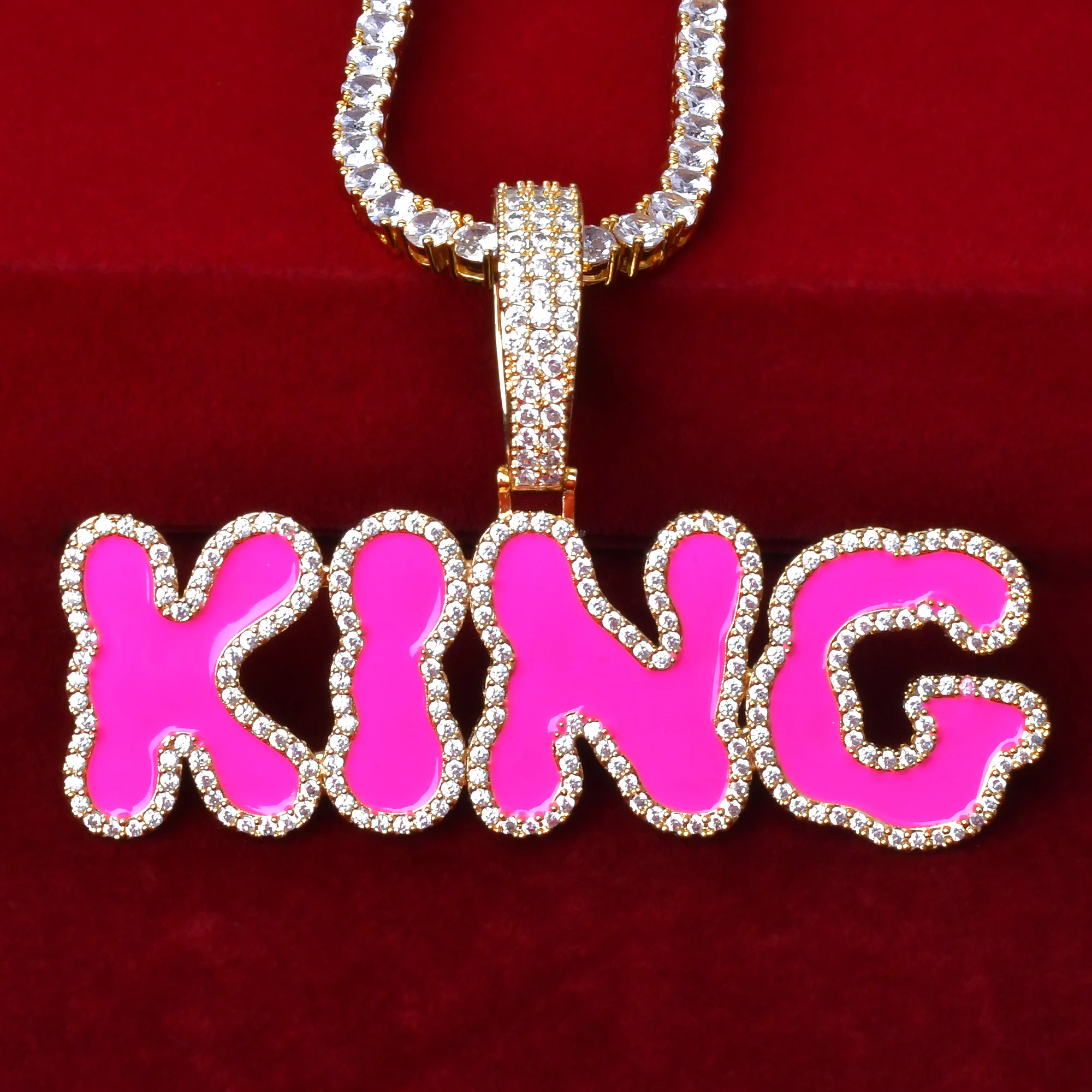 Solid Back Custom Name Pink Oil Letter Pendant Necklace  for Women 24K Real Gold Color Hip Hop Rock Jewelry