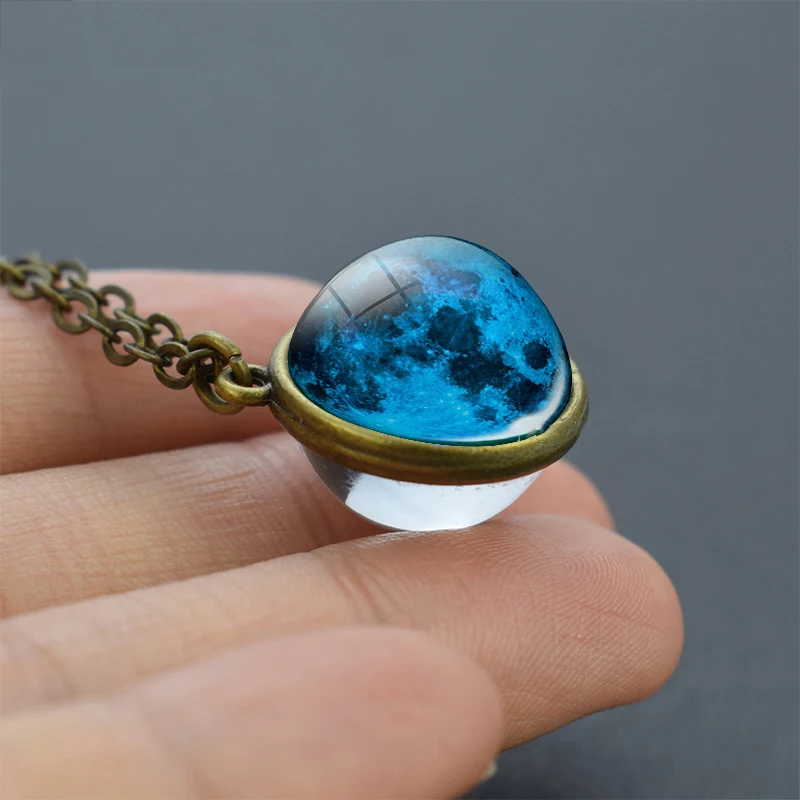 

Milky Way Galaxy Moon Necklace Glass Crystal Planet Necklace Pendant Vintage Bronze Chain Necklace Outer Space Jewelry