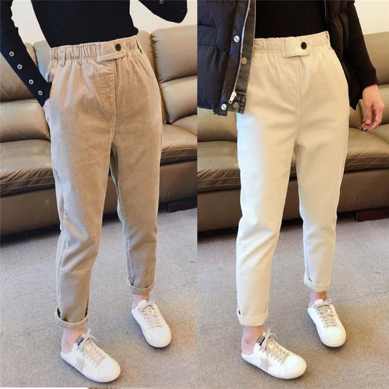 Vintage Women Corduroy Harem Pants Solid High Wait Loose Casual Ankle-Length Autumn New Elastic Waist Korean Version | Женская одежда