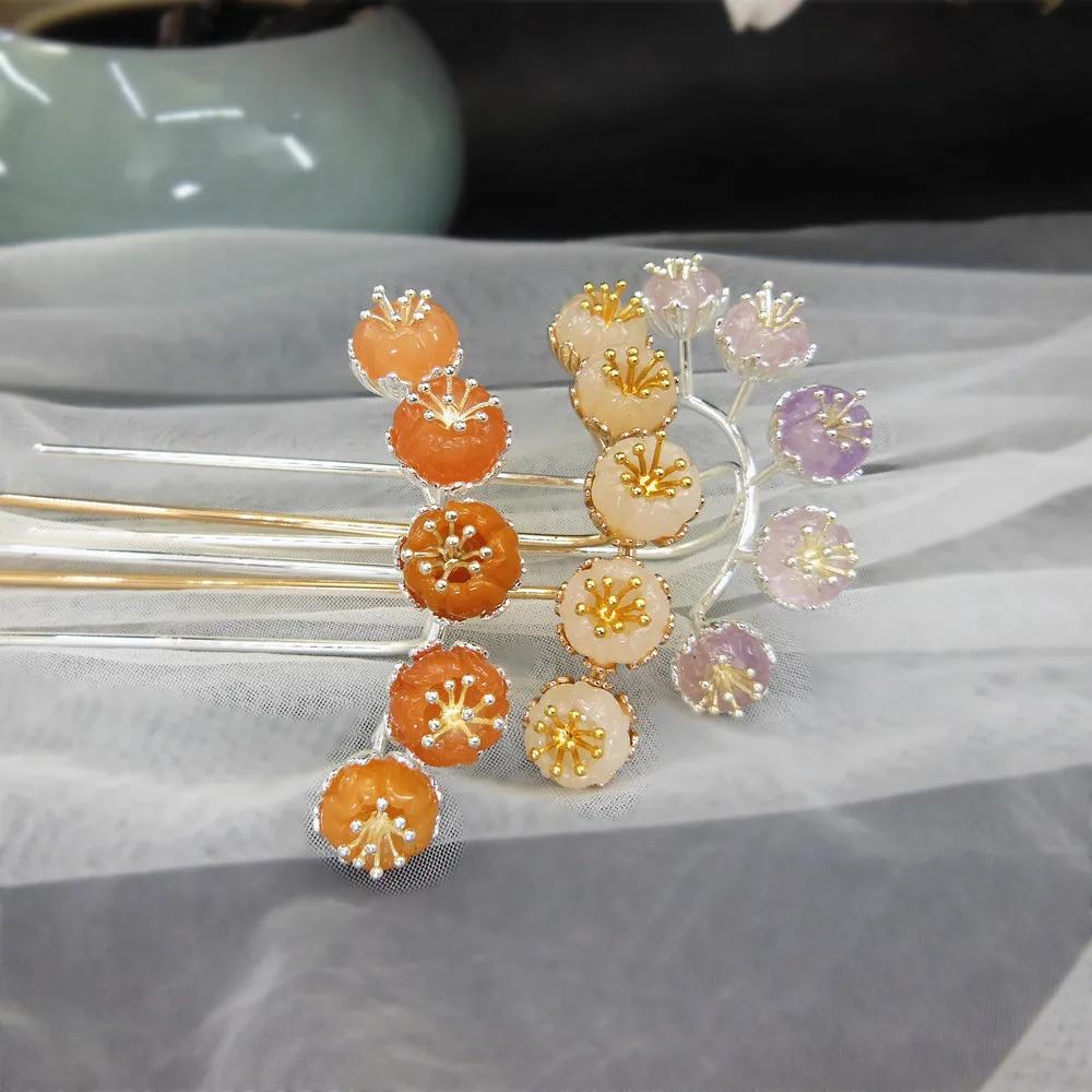 

Carved Natural Stone Flower Hair Pin Gem Stone Gold Hairpin Handmade Hair Pins Jewelry For Women Pince Cheveux Femme WIGO1447