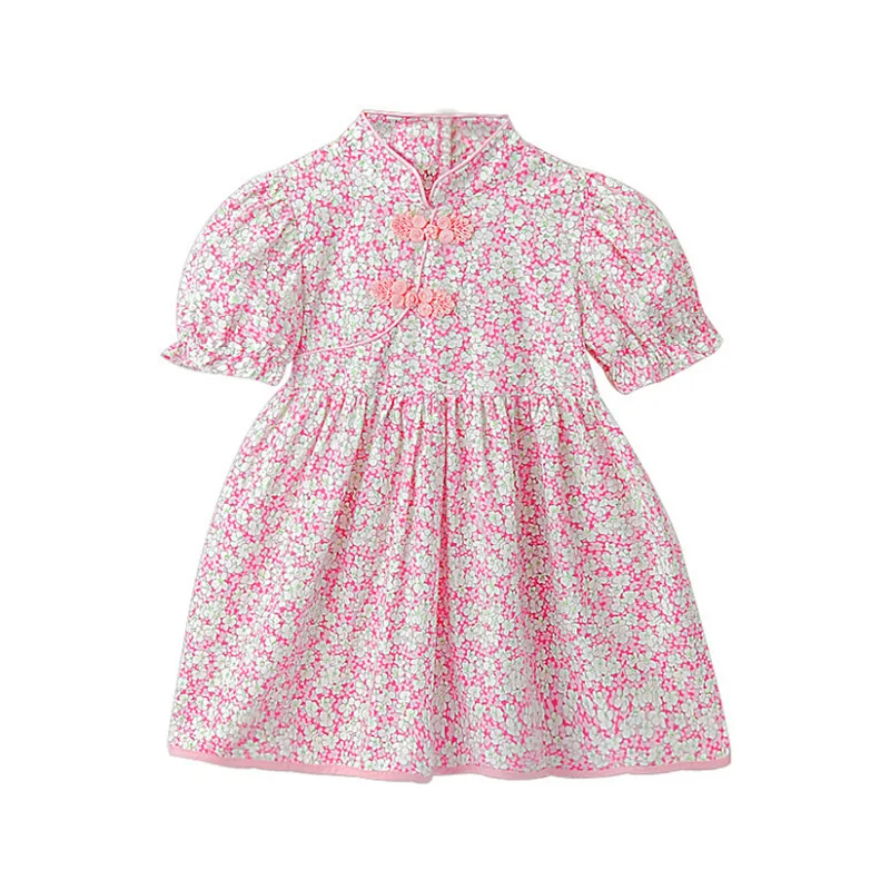 

2021 2-10Y Chinese Cheongsam For Girls Pink Green Floral Print Hanfu Dresses Kids Puff Sleeve Qipao China Princess Summer Cotton