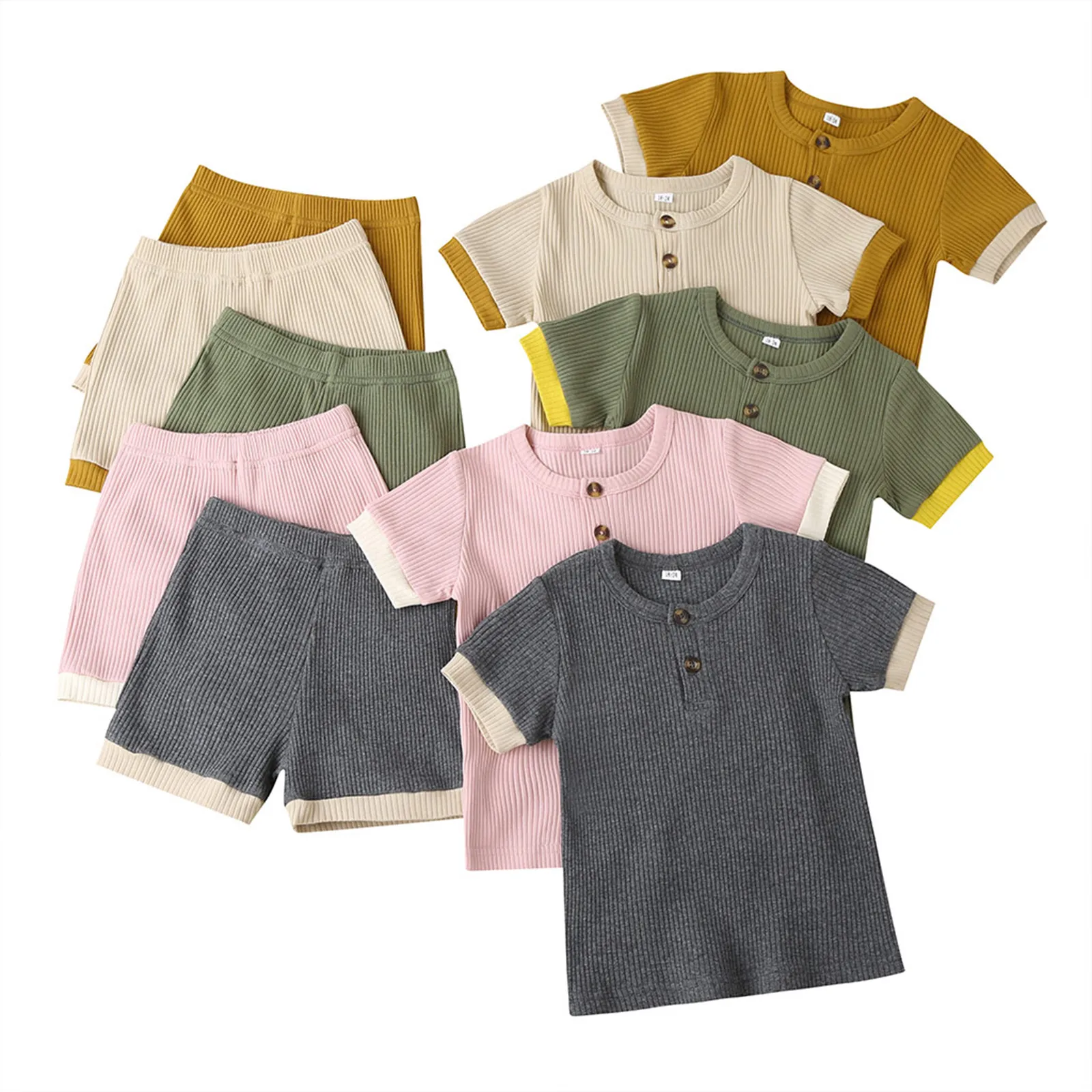 

2Pieces Summer Baby Boys Girls Clothing Set Unisex Cotton Ribbed Short Sleeve Pullover+Shorts for Toddler Infant Kids