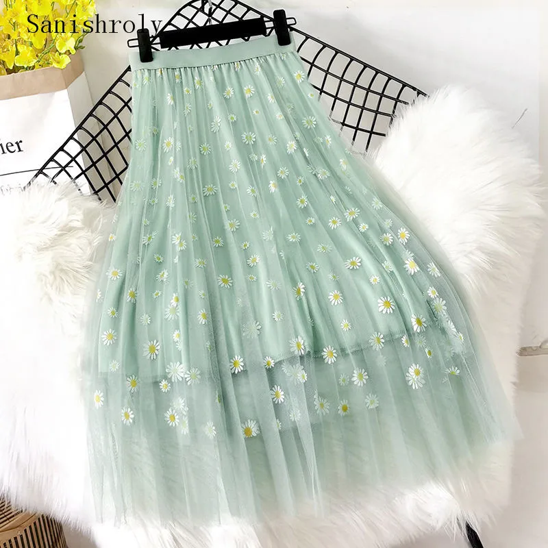 

Autumn Midi Long Tutu Skirts Womens Elastic High Waist Little Daisy Print Mesh Skirts Ladies A Line Tulle Lace Skirt Streetwear