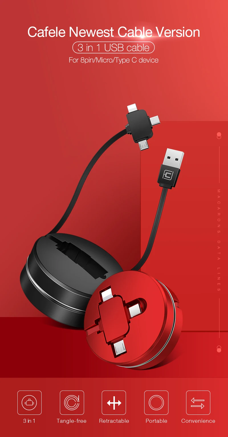 CAFELE USB Type C Cable Fast Charge 3 in 1 retractable Micro usb cable for iphone x xr 7 redmi Huawei Support Data sync