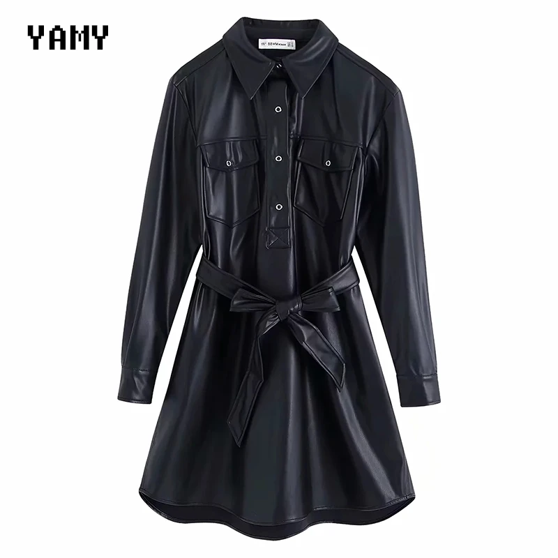 Женское зимнее платье рубашка из искусственной кожи с длинным рукавом