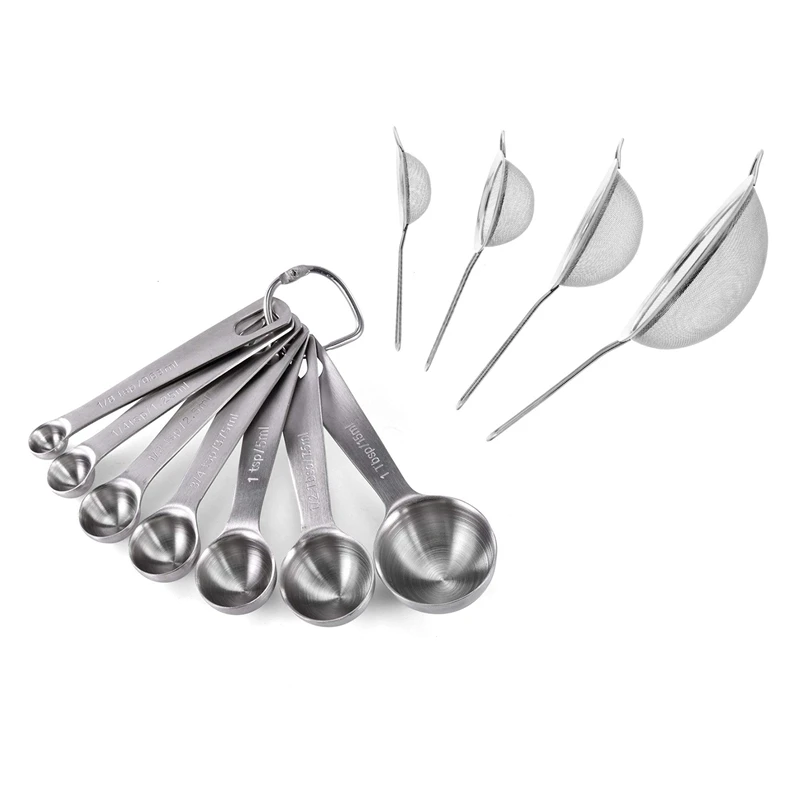 Набор из 7 мерных ложек нержавеющей стали и 4 дуршлага 7/12/16/22 см | Дом сад